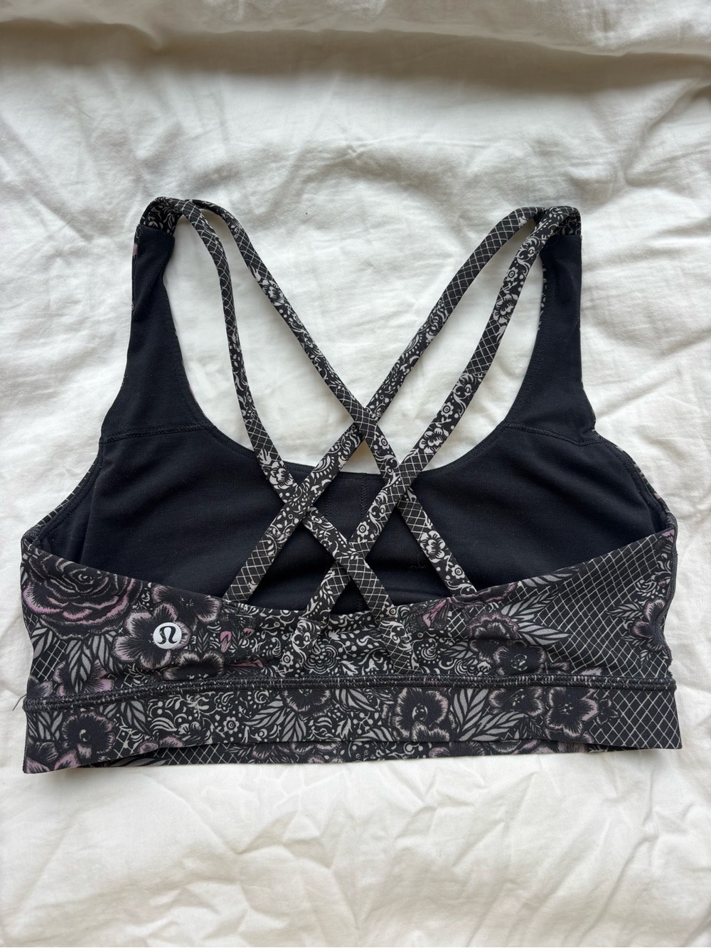 Women's Black Floral Strappy Sports Bra